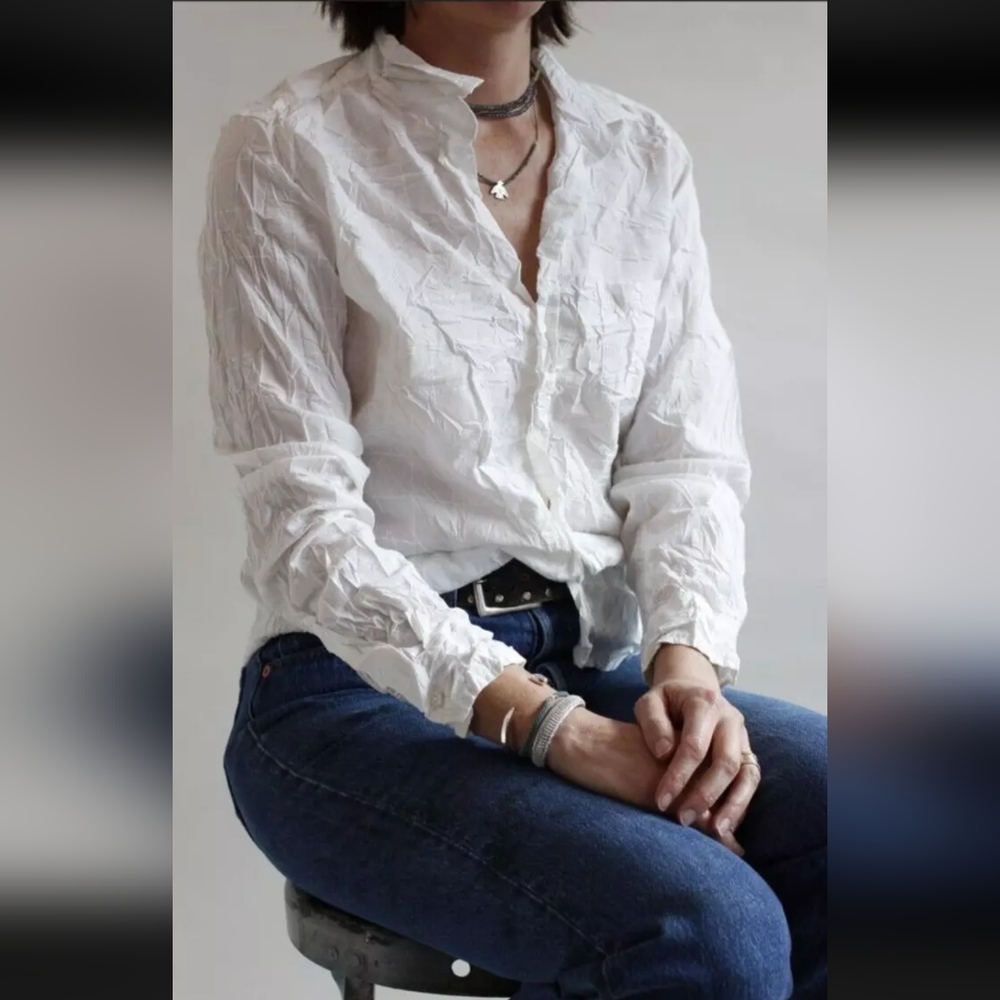 Frank & Eileen Barry Shirt Vertical Stripes Solid White Crinkled Wrinkled S - Picture 2 of 15